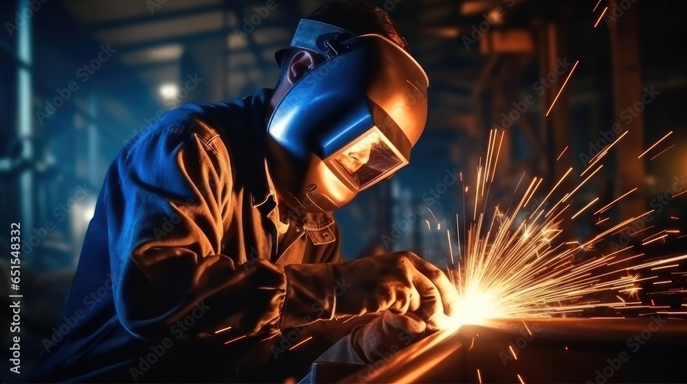 Welder, Welder Welding Metal In Workshop. Welder, Welder Welding Metal In Workshop.