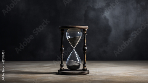 Black hourglass on a wooden table with old gray concrete.