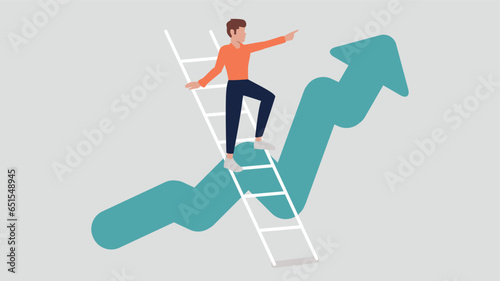 Vector illustration of a person standing on a ladder and pointing confidently upwards, in the background an ascending stock market curve – growth concept