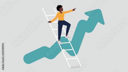 Vector illustration of a person standing on a ladder and pointing confidently upwards, in the background an ascending stock market curve – growth concept