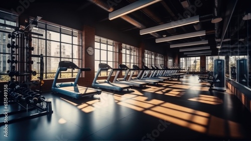Modern fitness center gym club with a workout room and treadmills.