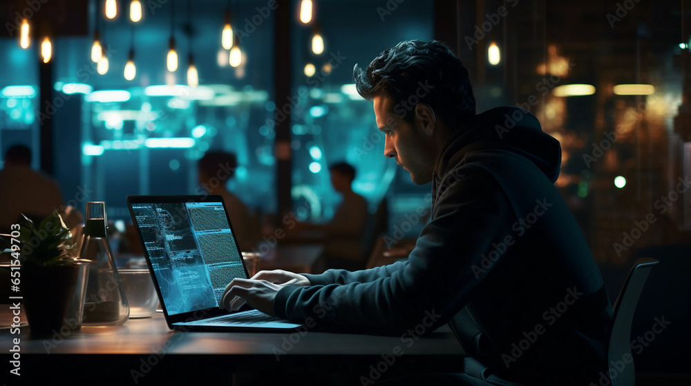 A man, a programmer, is diligently working on his laptop late at night, focusing on tasks related to networking, malware, or software issues within the office environment. Generative Ai - obrazy, fototapety, plakaty 