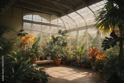 Flower garden in a greenhouse with sunbeams and shadows