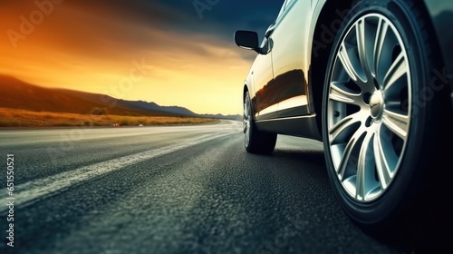 On the Road, Car tire speeding along country road sunset. © visoot