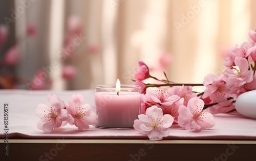 relax spa background in soft lighting, Candle, cherry blossom , petal, aromatherapy, cozy meditation