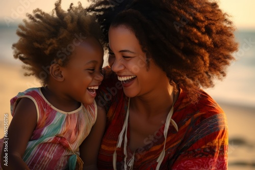 a young gorgeous caucasian woman smiling and playing with her toddler child on the beach, sunny summer weather