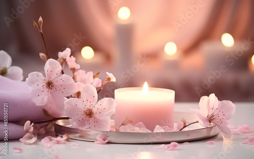relax spa background in soft lighting  Candle  cherry blossom   petal  aromatherapy  cozy meditation