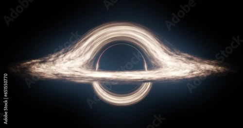 Supermassive Black Hole in Outer Space Surrounded by Accretion Disk of Glowing Plasma and gas Rotation Around. Event horizon and matter in the form of dust, gas, clouds. Looped Animation 4K Video. photo