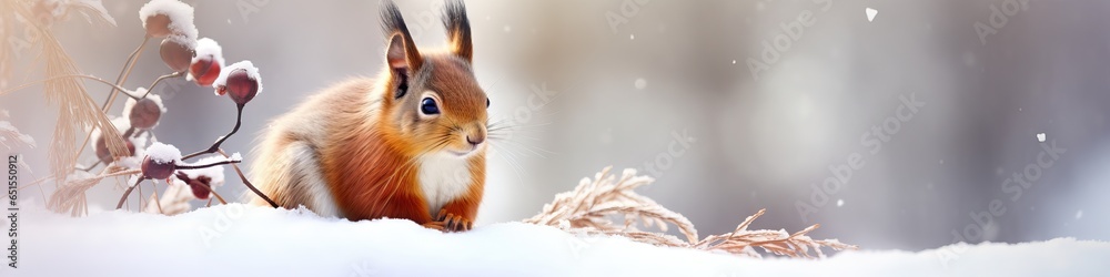 Obraz premium Banner with cute red squirrel (Sciurus vulgaris) sitting in a snow and looking for food on winter forest blurred background. Banner with beautiful animal in the nature habitat. Wildlife scene