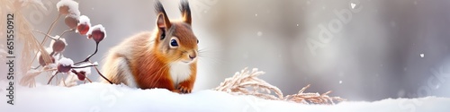 Banner with cute red squirrel (Sciurus vulgaris) sitting in a snow and looking for food on winter forest blurred background. Banner with beautiful animal in the nature habitat. Wildlife scene
