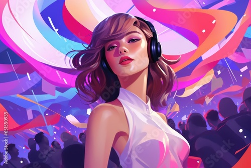 A vibrant anime-inspired girl rocks a magenta and violet outfit while lost in her own world, headphones blaring as she embraces the fluidity of art and fashion photo