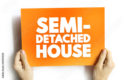 Semi-detached House is a single family duplex dwelling house that shares one common wall with the next house, text concept on card photo