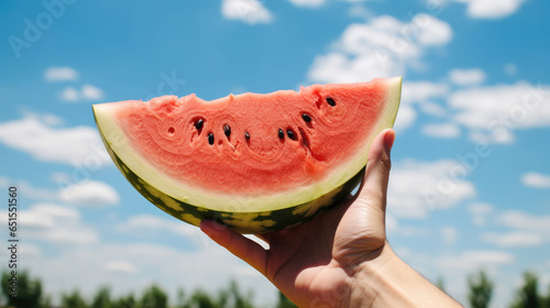 Hand holding slice of watermelon in with sky background, In hot summer day.