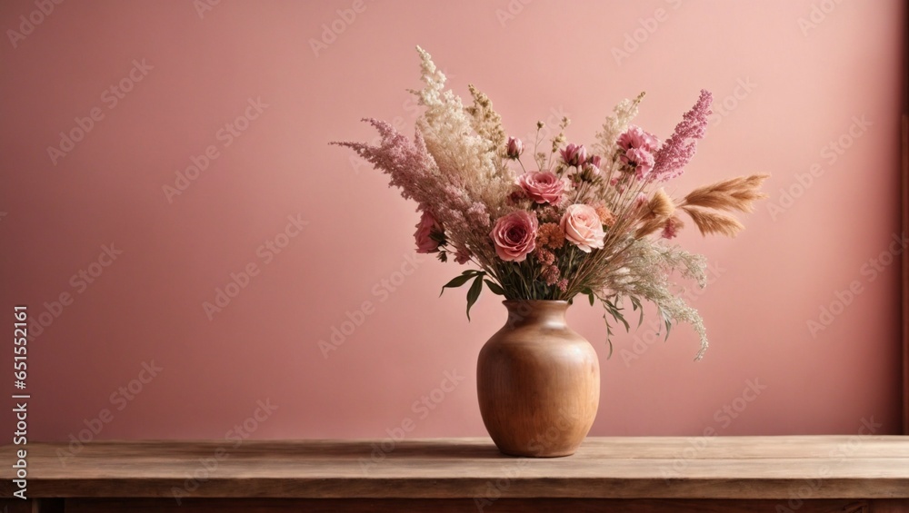 still life with flowers, wooden table with vase with bouquet of dried flowers, flower shop 