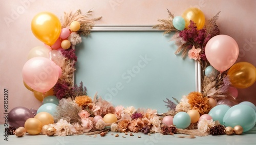 Group of festive balloons and dried flowers around empty frame. Birthday celebration mockup