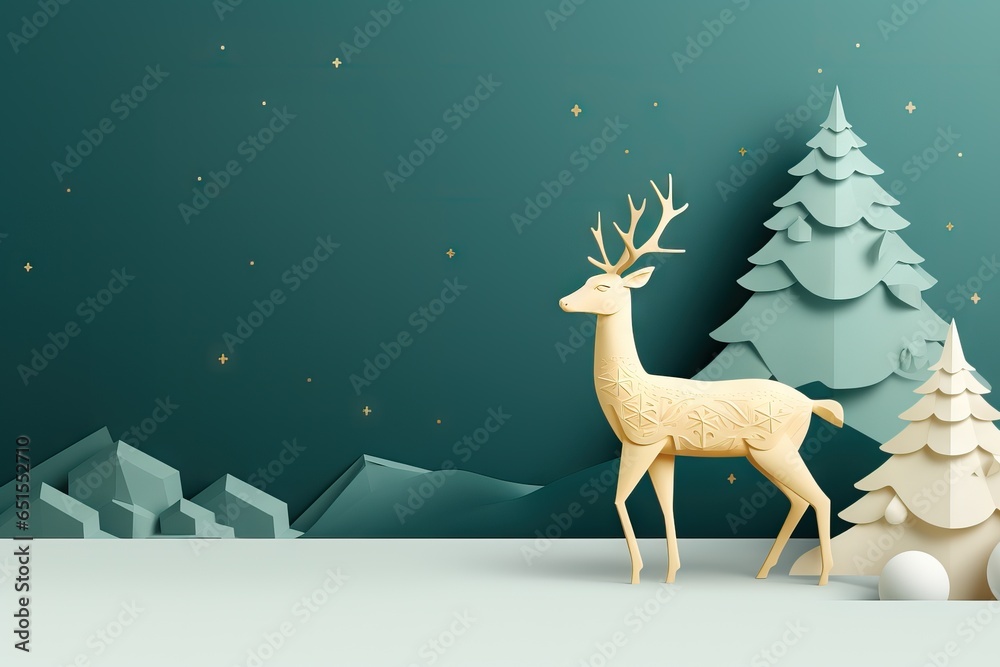 Christmas greeting card. Holiday winter landscape with deer in snowy forest. Paper cut, papercraft, quilling. Sale product banner with copy space - obrazy, fototapety, plakaty 