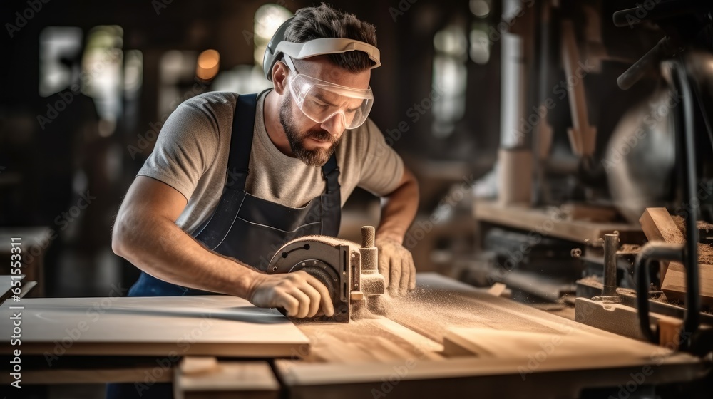 Carpenter work wooden with a milling machine in the workshop.