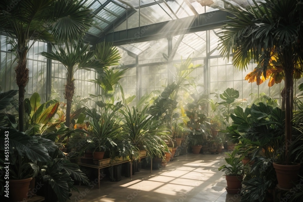 Flower garden in a greenhouse with sunbeams and shadows Flower garden in a greenhouse with sunbeams and shadows