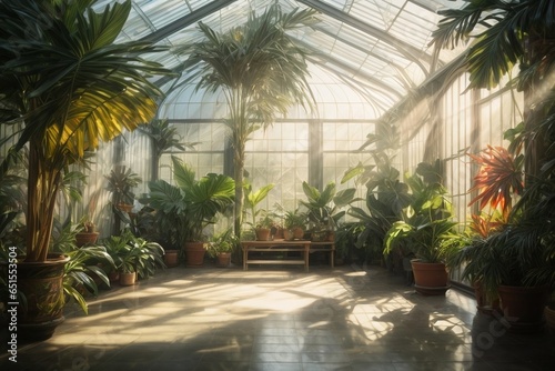 Flower garden in a greenhouse with sunbeams and shadows