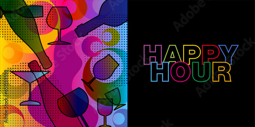 Une affiche joyeuse et colorée pour annoncer l’ »happy hour » avec un graphique moderne style année 70 - une publicité destinée aux bars, cafés ou restaurants.