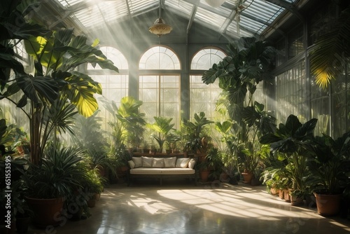 Flower garden in a greenhouse with sunbeams and shadows