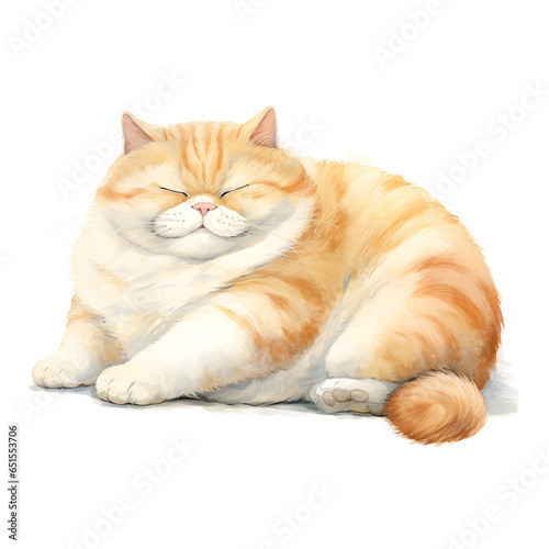 Cute Lazy Cat Watercolor Clipart, Kawaii Cat Sleeping, Fat Cat Illustration, Lazy Animal