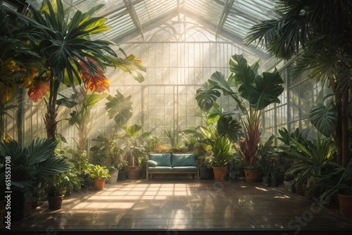 Flower garden in a greenhouse with sunbeams and shadows