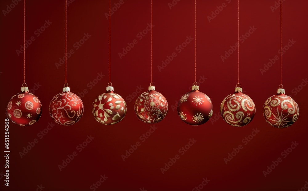 Red Christmas balls with golden pattern on clear burgundy background. New year decoration, festive atmosphere concept. Banner with copy space Red Christmas balls with golden pattern on clear burgundy background. New year decoration, festive atmosphere concept. Banner with copy space