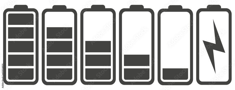 Battery charges in black. Battery charge indicator icons, vector graphics. Battery charges in black. Battery charge indicator icons, vector graphics.