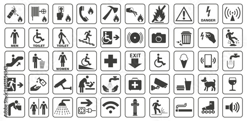 A set of basic signs used in public places. Signs for public places. Important marks.
