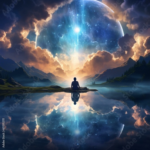 Isolated person gazes at the heavenly sky in a fantasy landscape, immersed in meditation and spiritual reflection. photo