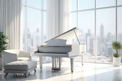 White piano in modern living room with big city background photo