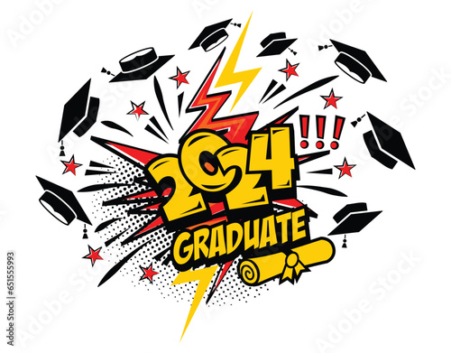2024 class graduate header. Decorate congratulation for school graduates in comic cartoon style. Vector on transparent background