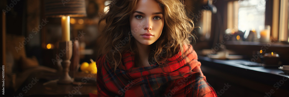 portrait of a girl in a plaid by fireplace at home in autumn. Winter holidays on Christmas in winter