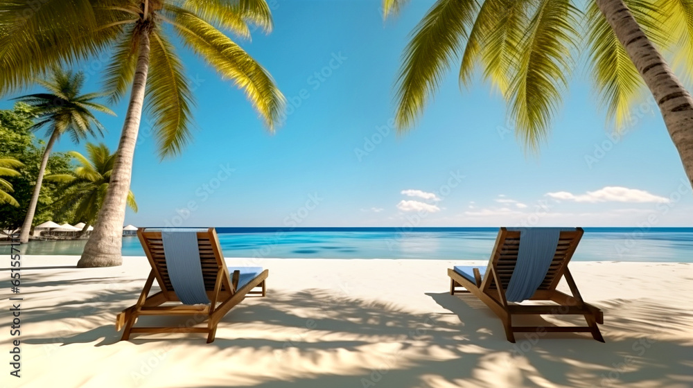 lounge chairs on the beach beach with palm trees landscape tropical wallpaper vacation  travel