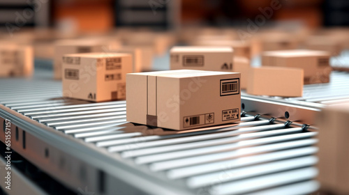 Assembly line delivery package containers in warehouse © Volodymyr