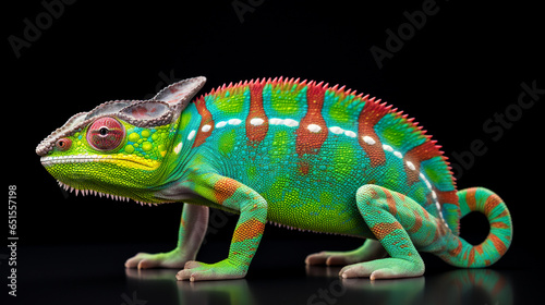 green chameleon iguana isolated on black background