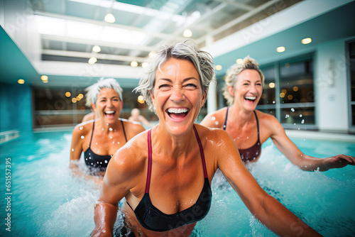 Group of mature women doing gymnastics in the gym pool