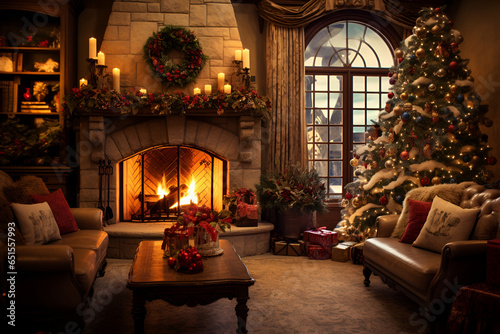 A cozy living room with a fireplace, a Christmas tree and gifts 2