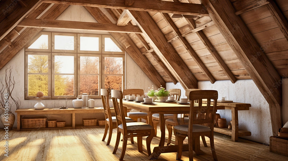 In soft afternoon light, a cozy attic dining room with exposed wooden beams exudes rustic charm, showcasing vintage elegance through the wooden elements.