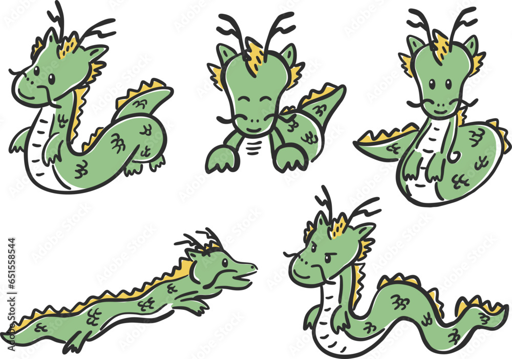 Obraz premium Hand-drawn illustration set of cute smiling dragons, dragons, new year's cards / 笑顔のかわいい辰、龍、ドラゴン、年賀素材の手描きイラストセット