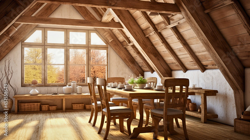 In soft afternoon light  a cozy attic dining room with exposed wooden beams exudes rustic charm  showcasing vintage elegance through the wooden elements.
