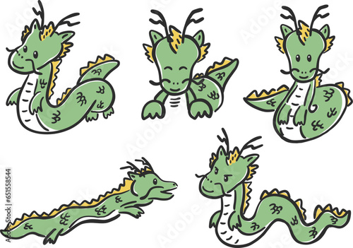 Hand-drawn illustration set of cute smiling dragons  dragons  new year s cards                                                                                                