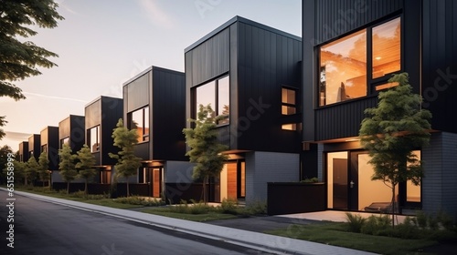 Modern modular private black townhouses. Residential architecture exterior © AV Creations