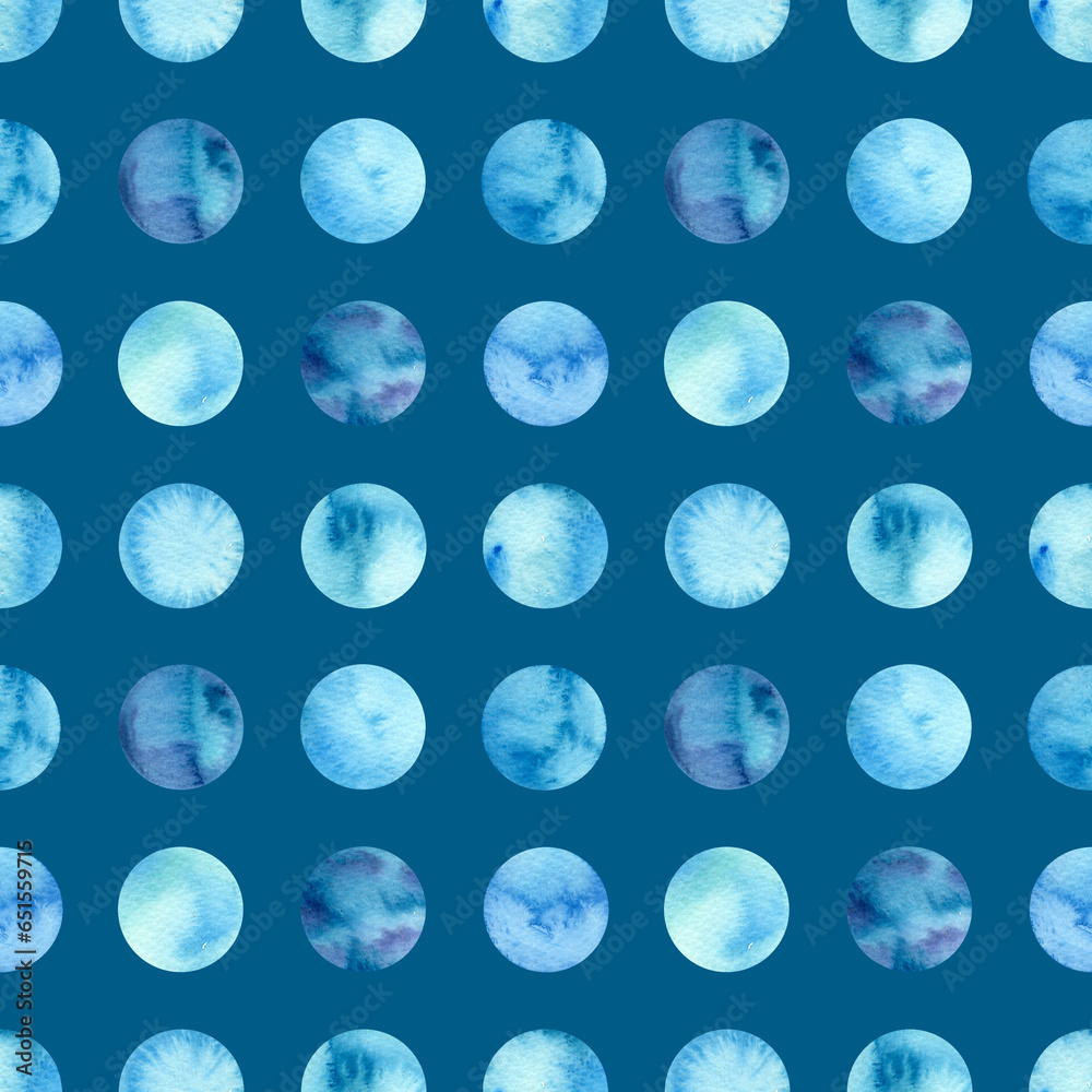 Obraz premium Light blue circle dots watercolor illustration. Hand drawn round ball. Seamless pattern on blue green background. Suitable for soap, shampoo, cosmetics, packaging, design.
