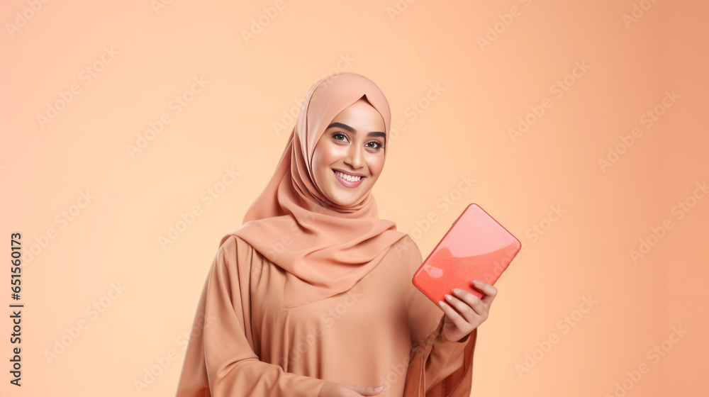 Obraz premium Muslim Arab Woman wearing a hijab holding smartphone and bright paper shopping bags on a studio background Concept of Shopping, Black Friday sale and Cyber Monday online.