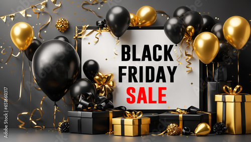 Black friday sale banner with giftbox, black and golden balloon