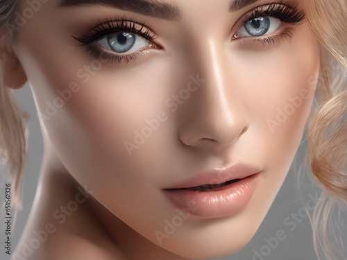 beauty photography closeup portrait model advertising. Beautiful young woman with perfect glowing skin and blue eyes. A beautiful girl shows the result of a skin care procedure. generative AI