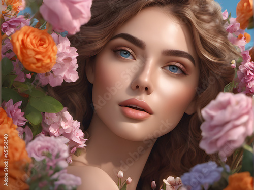 beauty photography. portrait model in flowers. Beautiful healthy facial skin. beauty industry advertising. generative AI