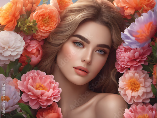 beauty photography. portrait model in flowers. Beautiful healthy facial skin. beauty industry advertising. generative AI